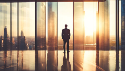 Back view of a businessman in office standing in front of a skyline of a modern city at golden hour. - Powered by Adobe