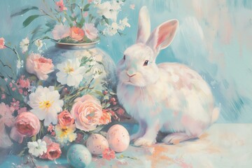 Easter print with Easter bunny flowers and eggs close up in pastel colors