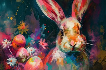 Easter print with Easter bunny flowers and eggs close up in dark vibrant colors