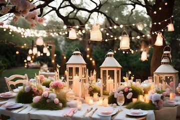 A dreamy Easter garden party with fairy lights, lanterns, and whimsical floral centerpieces.