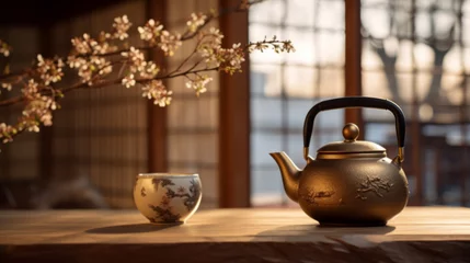 Selbstklebende Fototapeten Traditional Japanese herbal tea made in old teapot © Natalia Klenova