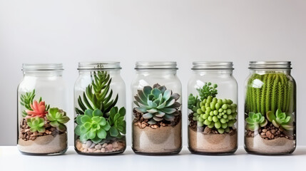 Succulent plants in jars lined up side by side - Powered by Adobe