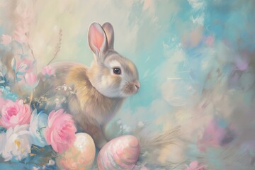 Easter print with Easter bunny flowers and eggs close up in pastel colors