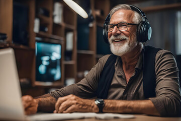 Portrait of caucasian happy elderly man enjoying listening to music at home. Smiling happy people.
