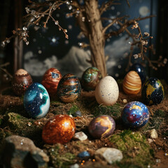 Fototapeta na wymiar Cosmic Easter: A Universe of Hand-Painted Eggs Nestled in a Mystical Forest Setting