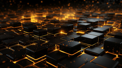 Obraz premium Abstract digital network of black blocks with glowing orange lines and particles