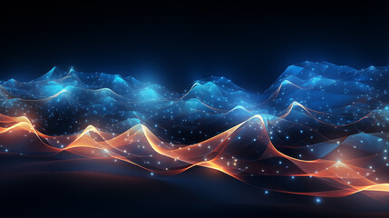 Digital illustration of flowing abstract waves with a gradient of blue to orange colors and sparkling lights - obrazy, fototapety, plakaty