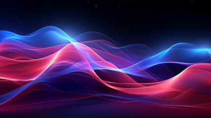 Fototapeta premium Dynamic blue and pink neon light waves flowing on a dark starry background