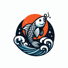 vector illustration or logo of a fish mascot jumping on the water, in the background there is a red moon, black fish, white background EPS file