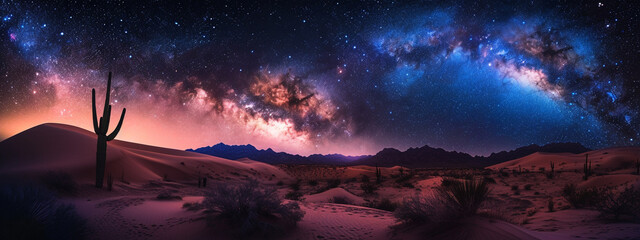 A wide landscape of desert under a starlit night sky. Night landscape of desert with sky full of stars Generated by ai - obrazy, fototapety, plakaty