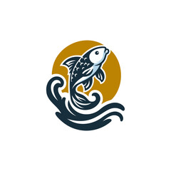 vector illustration or logo of a fish mascot jumping on the water, behind is the moon, white background EPS file