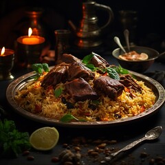 A beautifully arranged plate of Kabsa, a traditional Saudi Arabian rice dish with meat and aromatic spices