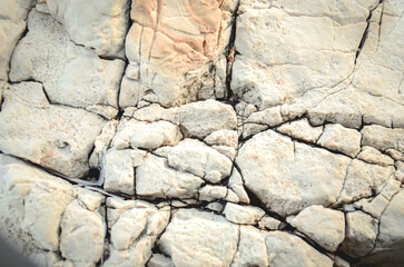 Texture of mountain rock on a sunny day, background. Lines and spots. Antibes, France
