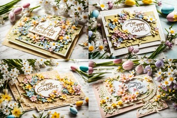 A close-up of a handcrafted Easter card surrounded by blooming spring flowers.