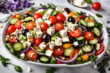 High-quality image of a Greek salad in a white bowl, showcasing the vibrant colors of tomatoes, cucumbers, and feta cheese on a lavender table. - obrazy, fototapety, plakaty