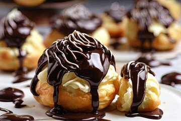 Gourmet delight. Cream puffs elegantly drizzled with luscious chocolate ganache. A tempting treat for dessert-themed projects.
