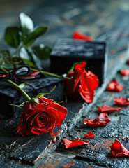 Sensual Red Rose and Elegant Gift Box on a Moody, Textured Backdrop