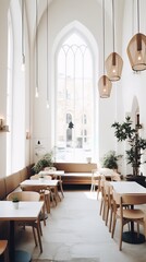 Fototapeta na wymiar Elegant European-style cafe with large windows