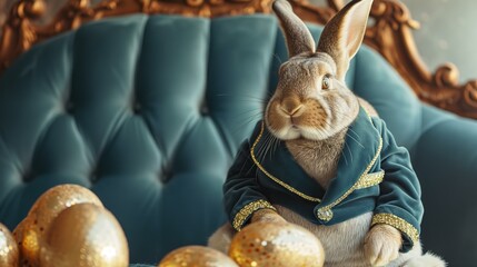 Close up photo of Easter bunny in a velvet suit on a luxury couch with bedazzled golden eggs on the table, pastel colors, luxury Easter