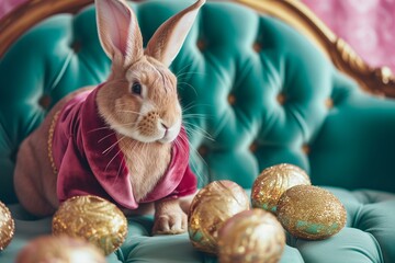 Close up photo of Easter bunny in a velvet suit on a luxury couch with bedazzled golden eggs on the table, pastel colors, luxury Easter