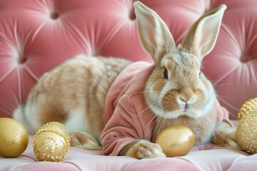 Close up photo of Easter bunny in a velvet suit on a luxury couch with bedazzled golden eggs on the table, pastel colors, luxury Easter