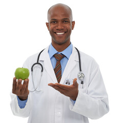 Portrait, doctor and happy black man with apple for fruit diet, healthcare nutrition or vitamin c benefits. Studio, vegan food and African nurse smile for health recommendation on white background
