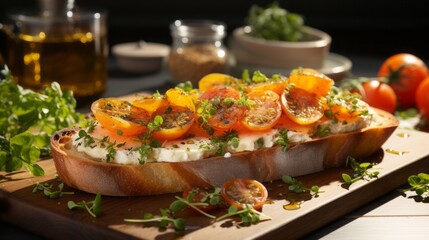 Bruschetta with ham and apricot, white wooden table,