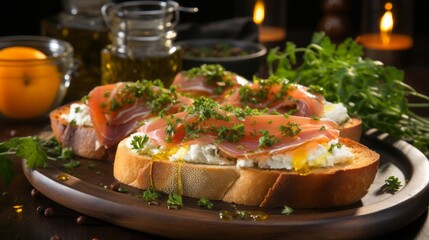 Bruschetta with ham and apricot, white wooden table,
