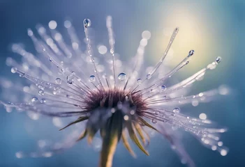 Fotobehang Beautiful dew drops on a dandelion seed macro Beautiful soft light blue and violet background Water © ArtisticLens