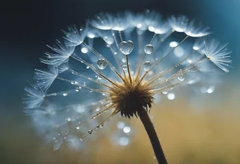  Beautiful dew drops on a dandelion seed macro Beautiful blue background Large golden dew drops on a © ArtisticLens