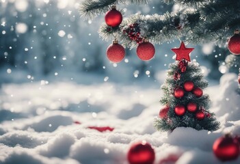 Fototapeta na wymiar Beautiful Festive Christmas snowy background Christmas tree decorated with red balls and knitted toy