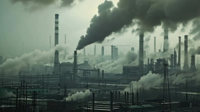 Big factory pollute air. Industrial plant smoke. Climate change global warming concept. Environmental issues problems. Toxic smog from plant. Dirty steam. Gray stinking city. Ecological catastrophe.
