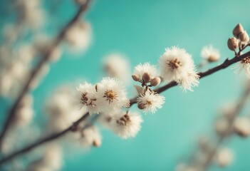 Blooming fluffy willow branches in spring close-up on nature macro with soft focus on turquoise blue