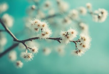Blooming fluffy willow branches in spring close-up on nature macro with soft focus on turquoise blue