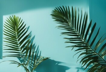 Fototapeta na wymiar Blurred shadow from palm leaves on the light blue wall Minimal abstract background for product prese