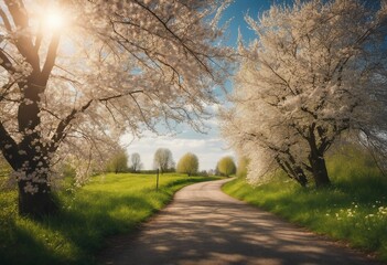 Defocused spring landscape Beautiful nature with flowering willow branches and forest road against b