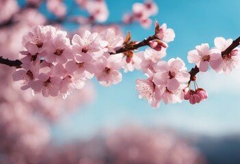 Spring banner branches of blossoming cherry against background of blue sky and butterflies on nature