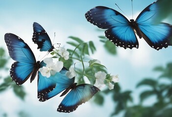 Set two beautiful blue tropical butterflies with wings spread and in flight isolated on white backgr