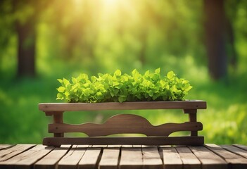 Spring beautiful background with green juicy young foliage and empty wooden table in nature outdoor