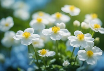 Spring forest white flowers primroses on a beautiful blue background Macro Blurred gentle sky-blue b