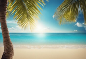Summer background with frame nature of tropical golden beach with rays of sun light and leaf palm Go