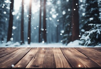 Winter christmas scenic landscape with copy space Wooden flooring strewn with snow in forest with fi - obrazy, fototapety, plakaty