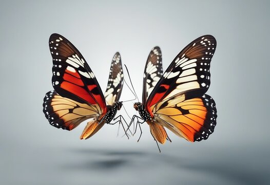Set two beautiful colorful bright multicolored tropical butterflies with wings spread and in flight