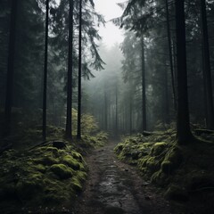 road in the forest, trees, fog, dark lighting, artistic photo