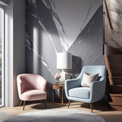 A cozy chair with a soft blanket and a pillow near a bedside table with a lamp. Scandinavian interior design of a modern hallway, French Provence style,