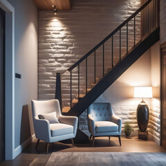 Loft interior design of a modern hallway with a staircase and an armchair near a marble (stone) wall with copy space, modern home design,