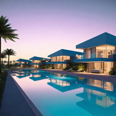 Fototapeta premium Evening street with high-tech houses with swimming pools and scenic lighting, concept of living in a high-tech house