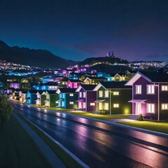 Fototapeta premium Evening street with high-tech houses with swimming pools and scenic lighting, concept of living in a high-tech house