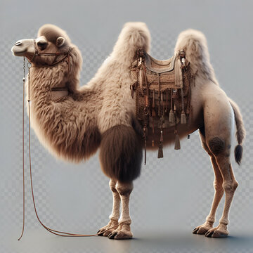 Isolated Endangered to Extinction Species Sand Dunes Tourist Scenic View Ride Domesticated Wild Double Hump Camel (Bactrian) Mammal Animal with Leather Saddle & Ropes Standing transparent background.