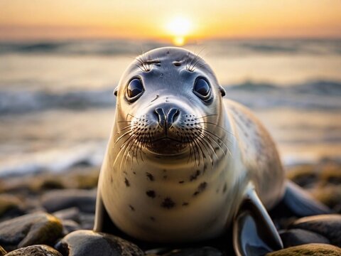 Baby seal on the beach at sunset.